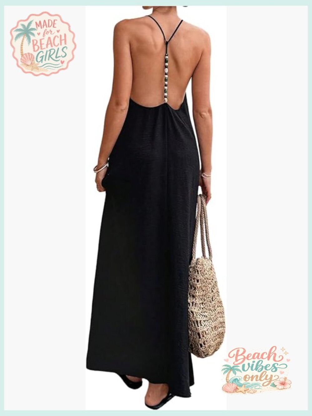 Backless Linen Maxi Dress - Open Back Summer Sundress Beach V-Neck Sleeveless - Picture 1 of 7